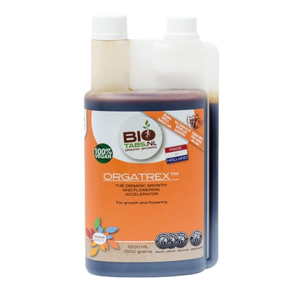 BioTabs Orgatrex organischer Wachstums- und Blühbeschleuniger, 1000 Milliliter, 100 Prozent vegan, BioTabs Logo.