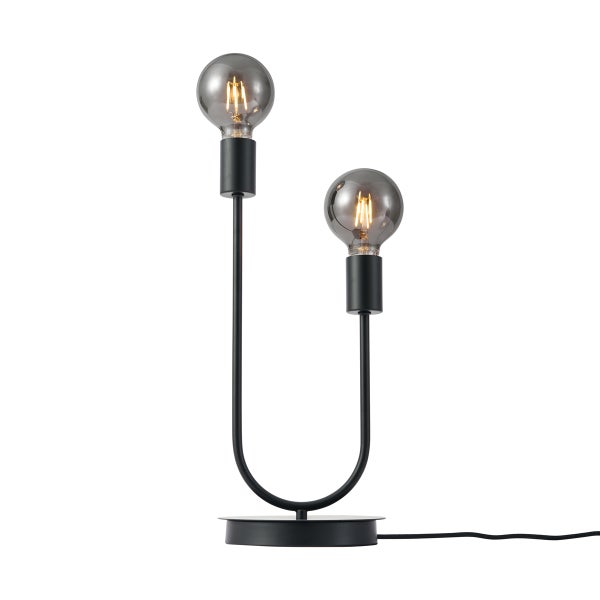 Zweiflammige Tischleuchte in U-Form aus schwarzem Metall mit zwei Glühbirnen aus Rauchglas.