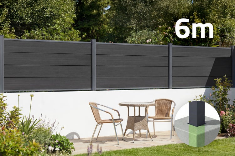Moderner Sichtschutzzaun aus dunkelgrauen Lamellen, 6 Meter lang, im Garten mit Korbmöbeln und Detailansicht der Pfostenverankerung.