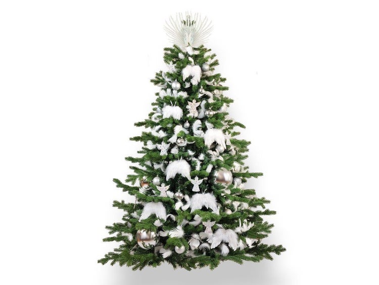 Geschmückter künstlicher Weihnachtsbaum mit silbernen Kugeln, weißen Federn und Engelsfiguren, gekrönt von einem dekorativen Stern.