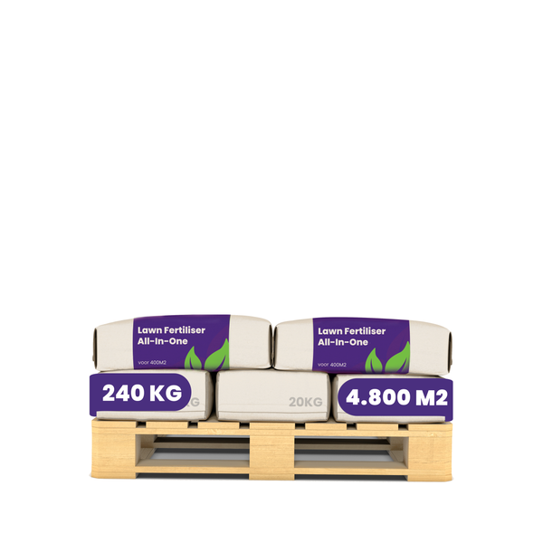 Palette mit 240 Kilogramm Rasendünger All-In-One für eine Fläche von 4800 Quadratmetern.