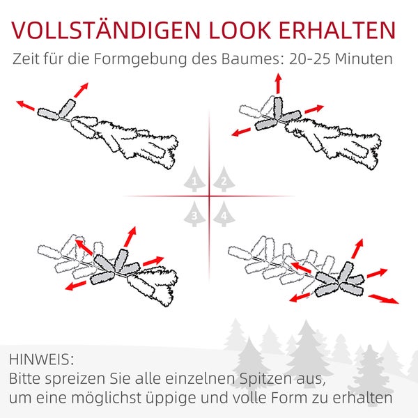 Illustrierte Anleitung zum Ausrichten der Zweige eines künstlichen Weihnachtsbaums für ein volles Erscheinungsbild. Zeitaufwand circa 20 bis 25 Minuten.