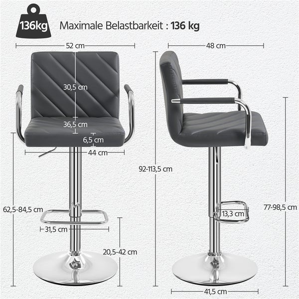 Abmessungen eines Barstuhls mit Armlehnen und maximaler Belastbarkeit von 136 kg