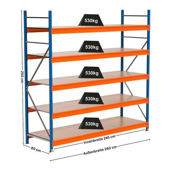 Regal mit fünf Regalböden und Maßangaben