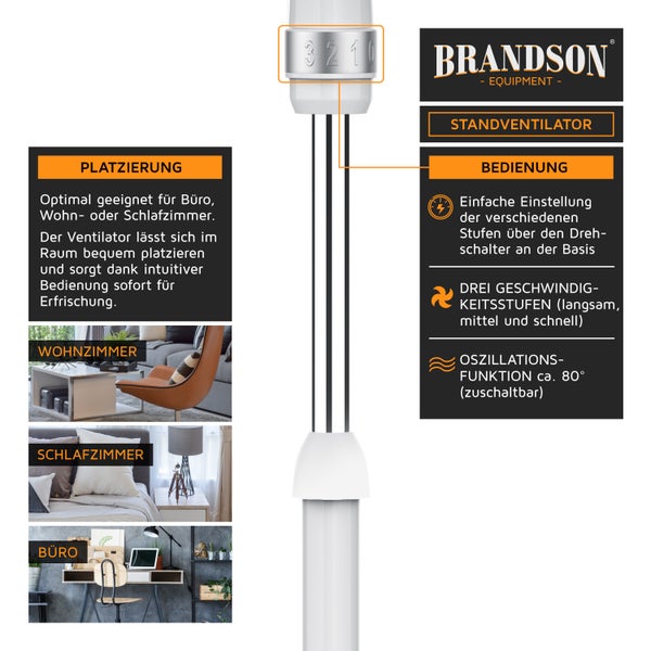 Brandson Standventilator 50W, Standlüfter 40 cm, Ventilator höhenverstellbar, Neigungswinkel 30° verstellbar, hoher Luftdurchsatz