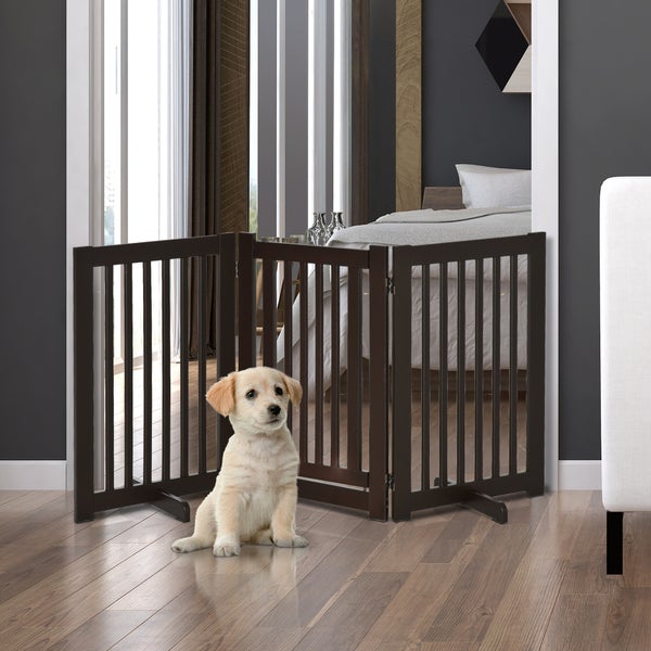 PawHut Absperrgitter Holz Freistehendes Schutzgitter für Hunde Türschutzgitter Verstellbares Hundegitter Treppengitter mit Füßen klappbares Kamingitter für Ofen Dunkelbraun 155 x 1,5 x 76 cm