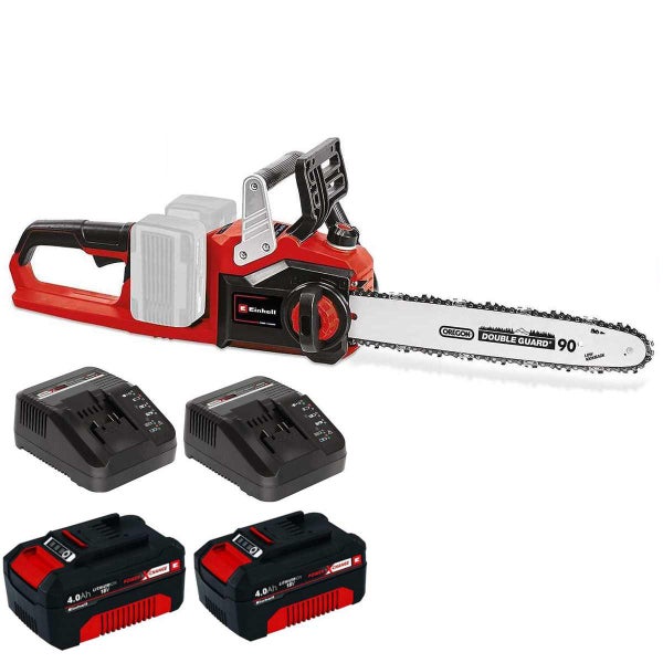 Einhell Akku-Kettensäge Set mit zwei 18 Volt 4,0 Amperestunden Akkus und zwei Ladegeräten, Oregon Schwert und Kette.
