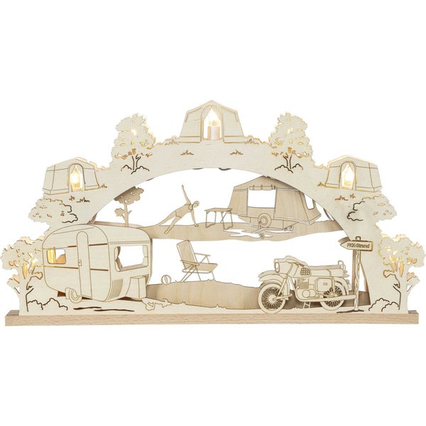 Beleuchteter Schwibbogen aus Holz mit Campingmotiv, Wohnwagen, Motorrad und FKK Strand Schild für eine stimmungsvolle Dekoration.