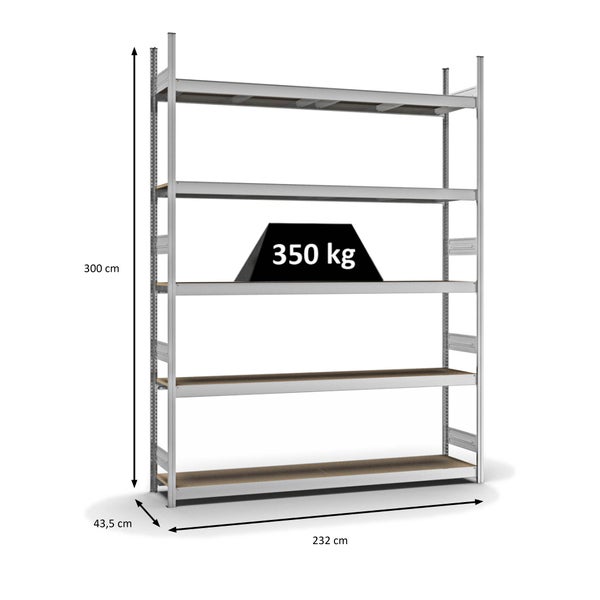 PROREGAL Weitspannregal Stecksystem T-Profil Grundregal HxBxT 300x225x40 cm 5 Ebenen Spanplatten Fachboden Fachlast 350 kg Verzinkt