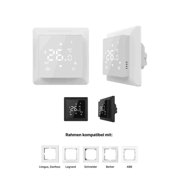 Abbildung eines programmierbaren Raumthermostats mit verschiedenen Rahmenoptionen