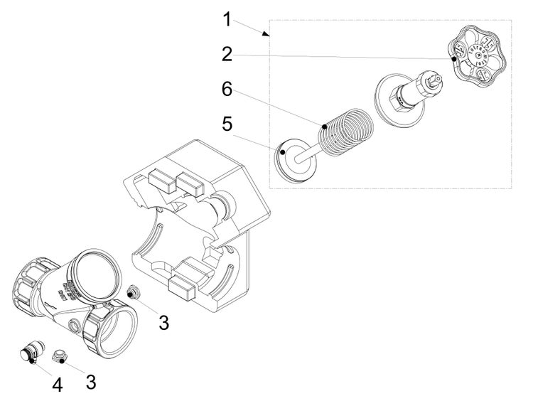 Explosionszeichnung einer Ventilbaugruppe mit nummerierten Einzelteilen wie Handrad, Feder und Gehäuse.