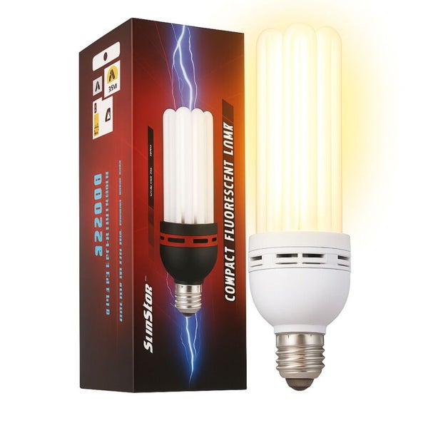 SunStor Energiesparlampe mit E27 Sockel und drei U-förmigen Röhren neben der Produktverpackung.