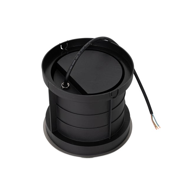 Bodeneinbauleuchte Rückansicht mit schwarzem Kunststoffgehäuse und Anschlusskabel.