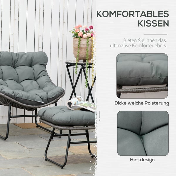 Outsunny Rattan Relaxsessel mit Fußhocker, mit Kissen, 69 x 76 x 70 cm, Stahl Polyester, Grau