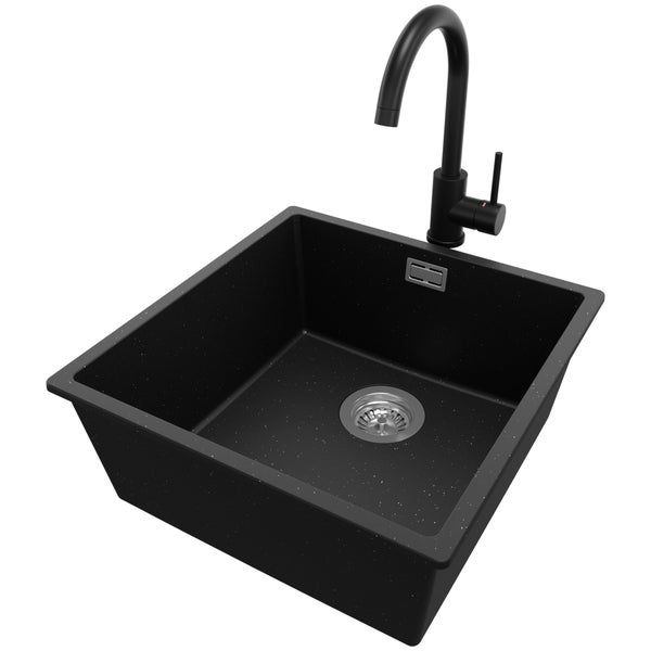 PRIMAGRAN Unterbauspüle Granit Schwarz Metallic 46x47cm, Spülbecken 1 Becken + Küchenarmatur 32x20cm + Ablauf-Set, Granitspüle ab 50er Unterschrank - London