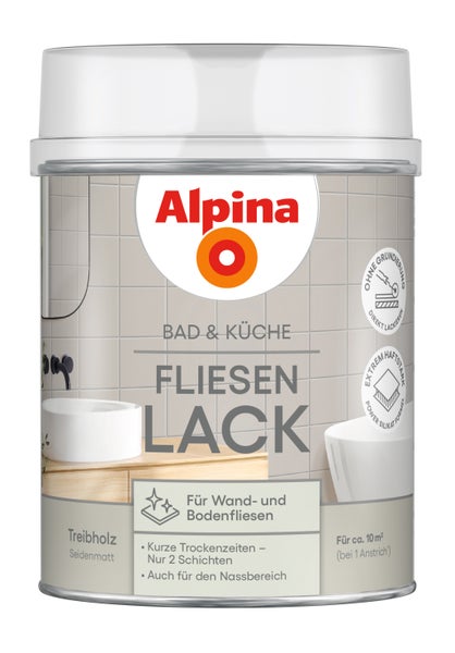 Alpina Logo. Fliesenlack für Bad und Küche in Treibholz, seidenmatt. Geeignet für Wand- und Bodenfliesen, reicht für circa 10 Quadratmeter.