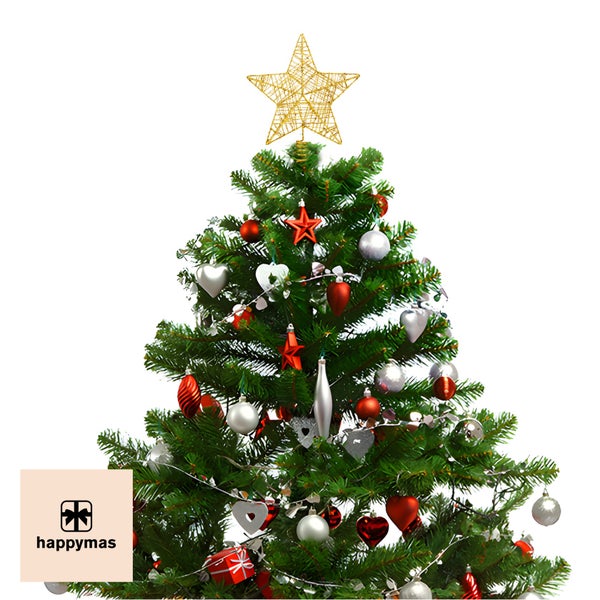 Geschmückter Weihnachtsbaum mit Stern, Kugeln und Herzanhängern