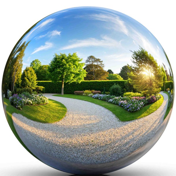 Reflektierende Gartenkugel aus Edelstahl mit Spiegelung eines sonnigen Gartens inklusive Kiesweg und Blumenbeeten.
