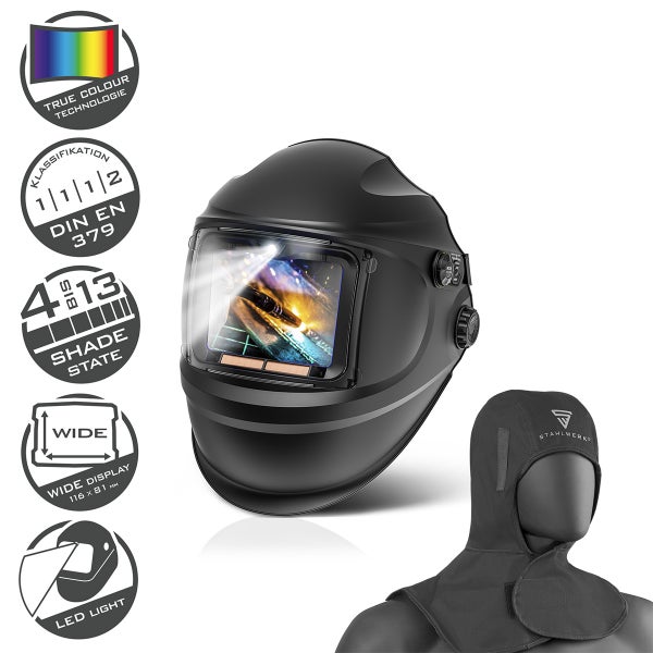 STAHLWERK Automatik Schweißhelm mit True Colour Technologie und LED Beleuchtung inklusive Kopfschutz