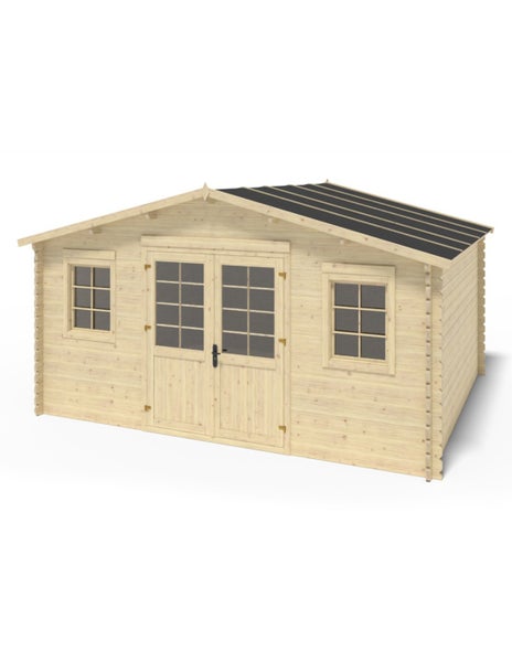 Gartenhaus aus Holz mit Doppeltür und zwei Fenstern in einem gepflegten Garten mit Pflasterweg.