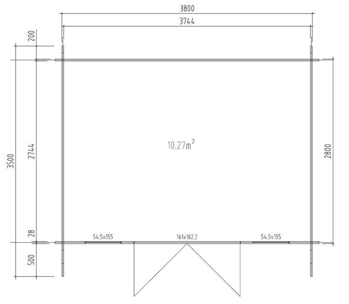 Technische Zeichnung eines Gartenhaus-Grundrisses mit Maßangaben in Millimetern und einer Fläche von 10,27 Quadratmetern.