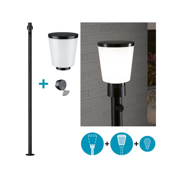 Modulare Außenwandleuchte mit zwei Lichtkegeln und Bewegungsmelder für eine vielseitige Fassadenbeleuchtung.
