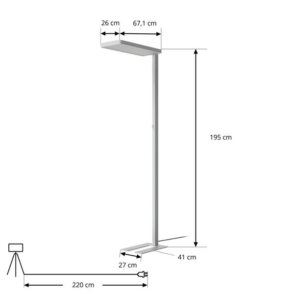 Stehleuchte mit Maßangaben: Höhe 195 Zentimeter, Breite Leuchtenkopf 67,1 und 26 Zentimeter, Fuß 41 mal 27 Zentimeter, Kabellänge 220 Zentimeter.