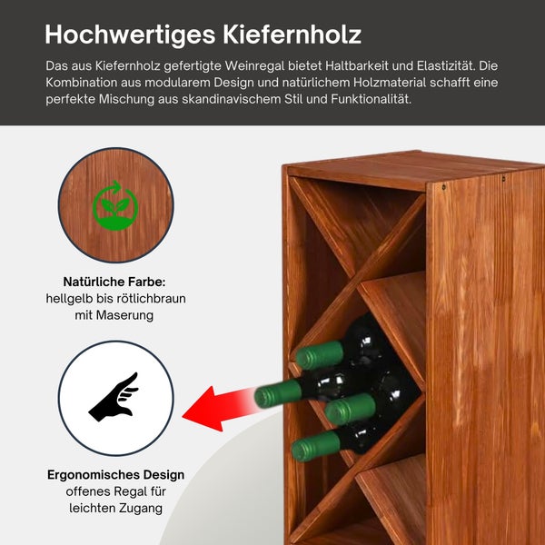 Weinregal aus Kiefernholz mit natürlicher Maserung und ergonomischem, offenem Design für leichten Zugang zu Weinflaschen.