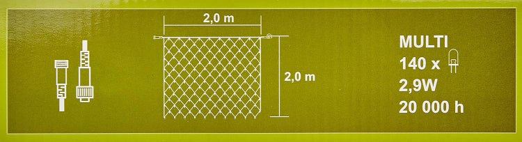 Illustration eines Lichtnetzes mit den Maßen 2,0 m x 2,0 m, Anschluss und technischen Daten