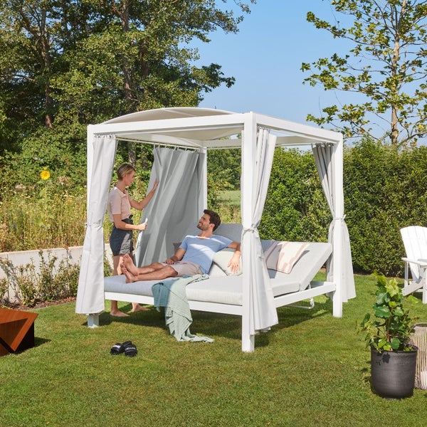 Home Deluxe - Sonnenliege - LYON inkl. Abdeckung, Maße: ca. 208 x 188 x 207 cm, FARBE: Weiß, Loungebett für 2 Personen, inkl. Vorhänge und Sonnendach I Gartenliege Doppelliege Gartenliege