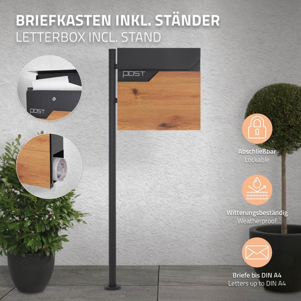 ECD Germany Standbriefkasten mit Zeitungsfach, Design Briefkasten mit Pfosten Briefkastenanlage, Briefkastenständer Anthrazit 120cm Edelstahl, Postkasten Anthrazit-Holzoptik Edelstahl pulverbechichtet
