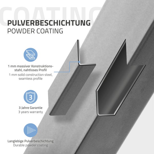 Produktbild, das eine Pulverbeschichtung und ihre Eigenschaften hervorhebt