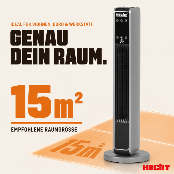 Turmheizgerät von Hecht, geeignet für Räume bis zu 15 Quadratmeter in Wohnbereichen, Büros oder Werkstätten. Hecht Logo.