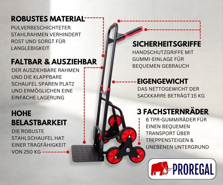 PROREGAL Klappbarer Profi-Treppensteiger TAURUS 250 HxBxT 115 x 52 x 63 cm Traglast 250 kg Stahlrahmen Ergonomische Griffe TPR-Gummiräder Rot-Schwarz