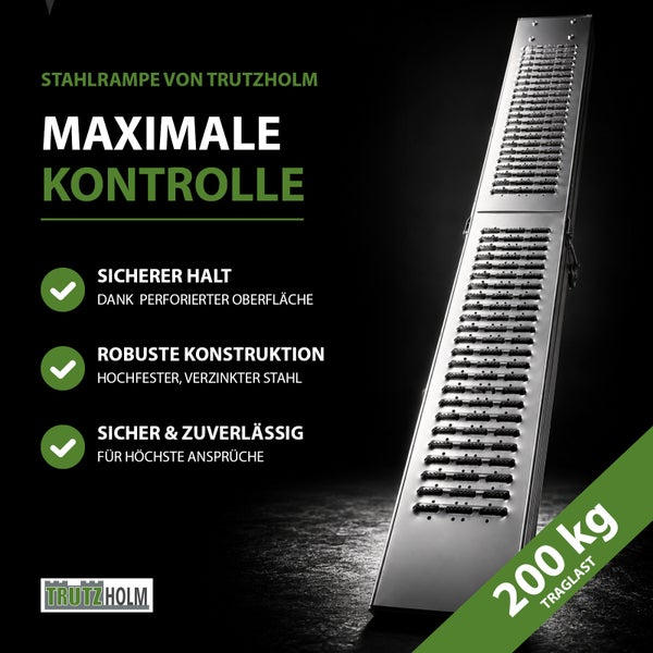 Trutzholm Stahlrampe mit perforierter Oberfläche für sicheren Halt, verzinkter Stahl, 200 Kilogramm Traglast. Trutzholm Logo.