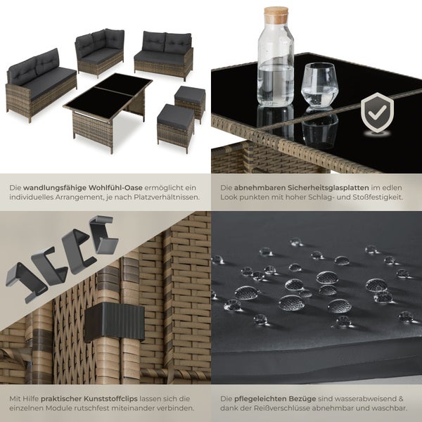 Gartenmöbelset mit Tisch, Bänken und Hockern aus Polyrattan und Glas