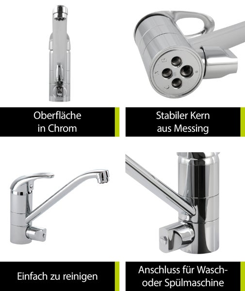 aquaSu® Niederdruck Küchenarmatur mit Geräteanschluss, Wasserhahn Küche Niederdruck, Spültischarmatur , Einhebelmischer Spüle mit Ringgriff, Keramikkartusche mit Wassersparfunktion, Chrom, 772006