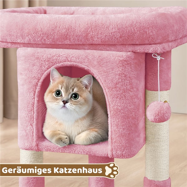 Katze in einem rosa Katzenhaus mit Kratzbaum