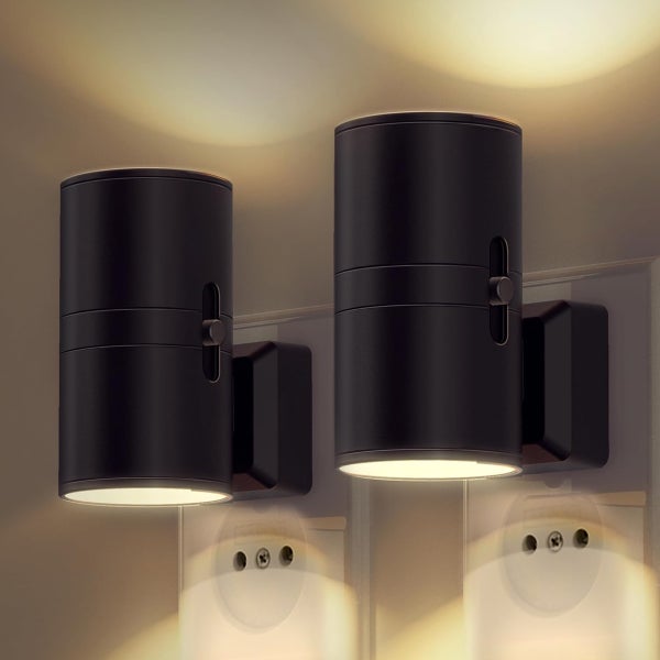 Goliving Nachtlichtsockel - 2 Stück - Steckerleuchten - 10,7 x 9,3 cm - Erwachsene - obere und untere Beleuchtung - dimmbar - Tag- und Nachtsensor - Steckerleuchte - Schwarz