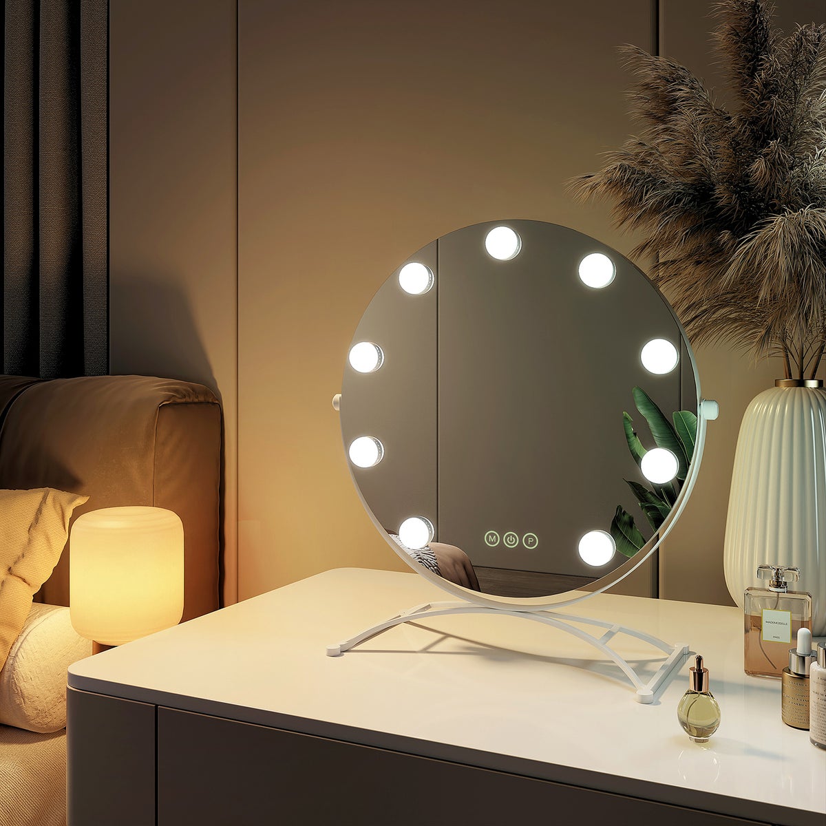 EMKE Runder Schminkspiegel Hollywood Spiegel mit Beleuchtung LED Tischspiegel, mit Touch, 3 Lichtfarben,9 Dimmbaren LED-Leuchtmitteln,7 x Vergrößerungsspiegel,Memory-Funktion, 360° Drehbar,Weiß,40 cm