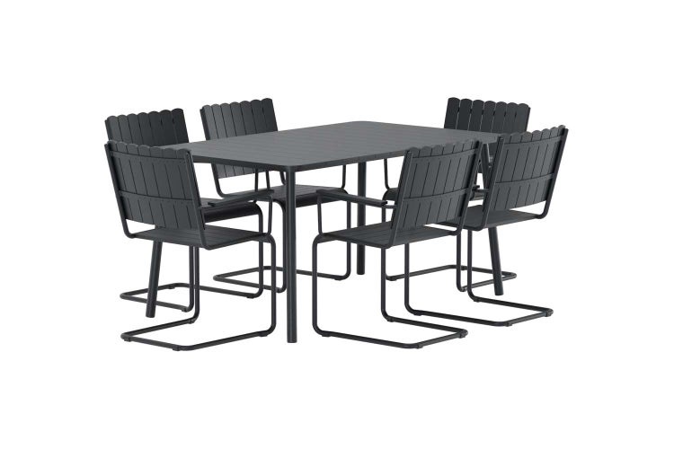Gartenmöbel-Set bestehend aus einem rechteckigen Tisch und vier Freischwinger-Stühlen.