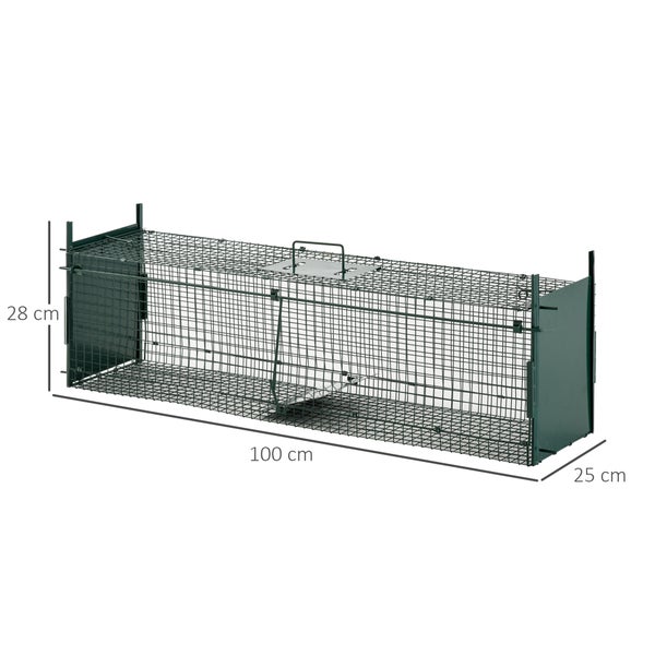 PawHut Tierfalle, Marderfalle für Kaninchen, 2 Eingänge Griff, 100L x 25B x 28H cm, Metall, Dunkelgrün
