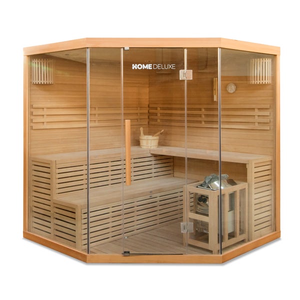Home Deluxe - Traditionelle Sauna - Skyline XL Big - 200 x 200 x 210 cm - für 2-6 Personen, Hemlocktanne, inkl. Saunaofen, Saunazubehör I Dampfsauna Aufgusssauna Finnische Sauna Bio Sauna