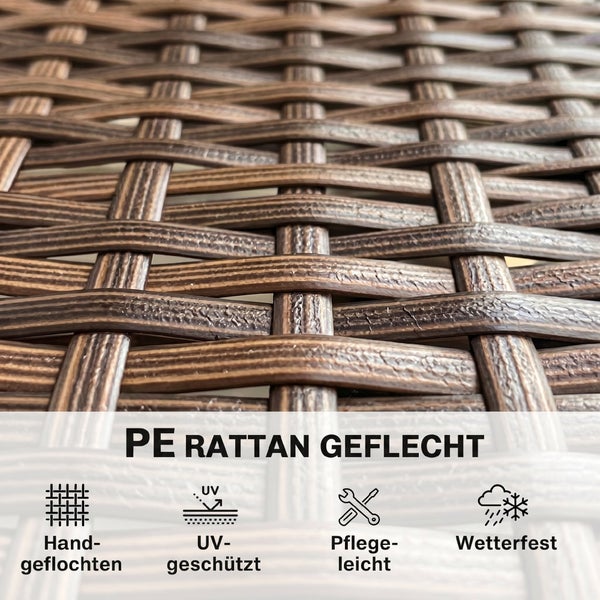 Nahaufnahme von handgeflochtenem Polyethylen-Rattan-Geflecht mit Symbolen für Ultraviolett-Schutz, Pflegeleichtigkeit und Wetterfestigkeit.