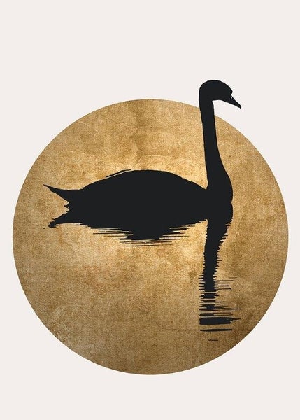 Wandbild mit schwarzer Silhouette eines Schwans vor einem goldfarbenen Kreis mit Struktur.