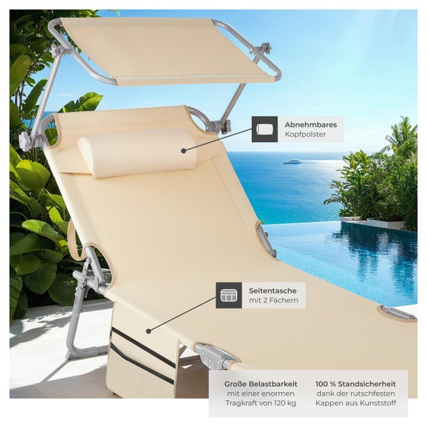 Sonnenliege tectake Chloé 190 x 68 x 28 cm, mit Seitentasche klappbar  beige
