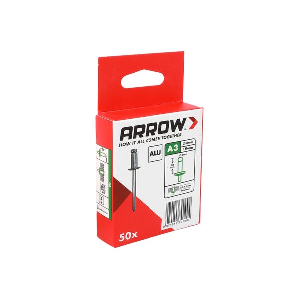 Arrow Blindnieten A3 aus Aluminium, Durchmesser 3 Millimeter, Länge 10 Millimeter, Packung mit 50 Stück.