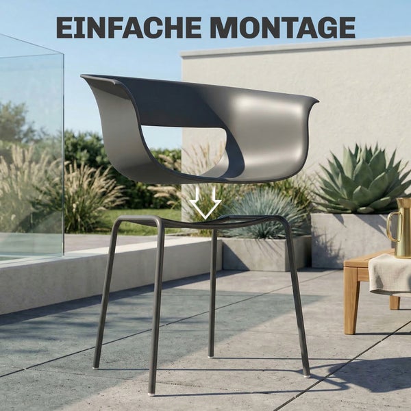 Moderner Gartenstuhl mit einfacher Montage, bestehend aus Sitzschale und Untergestell auf einer Terrasse.