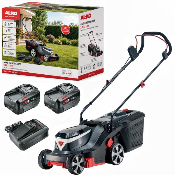 AL-KO Akku-Rasenmäher 3.82 Li Easy Set inklusive zwei Bosch 18 Volt 4,0 Amperestunden Akkus und einem Ladegerät.