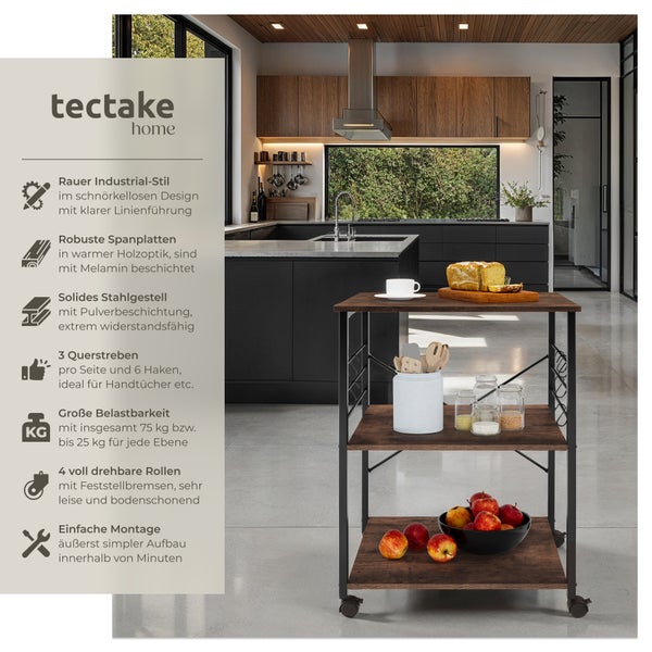 Servierwagen tectake Rugby inklusive 6 Haken, 65,5 x 45,5 x 88,5 cm Industrial Style Industrial Holz dunkel, rustikal